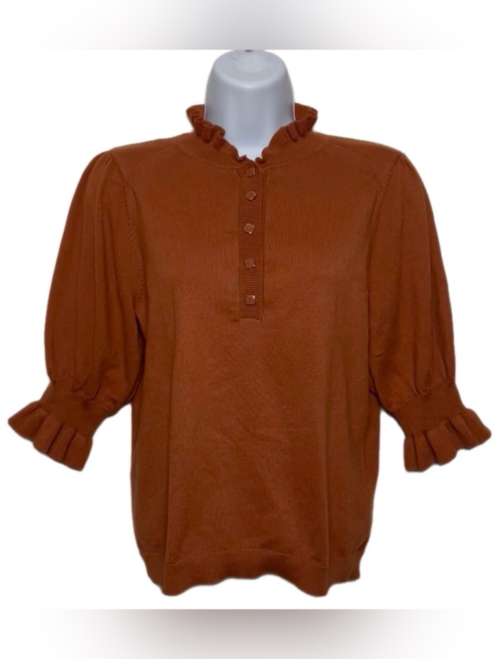 Rio & Rian New York Ruffle Collar Henley Top For Women in Rust, Size PM